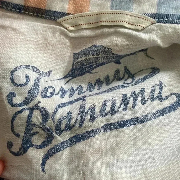 Tommy Bahama Relax LINEN Shirt Mens size L Short Sleeve Orange Blue Plaid - Picture 7 of 8